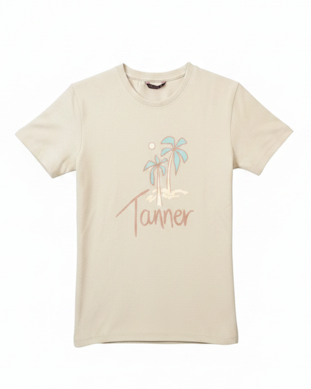 Beige t-shirt with palm tree design and 'Tanner' text on a white background