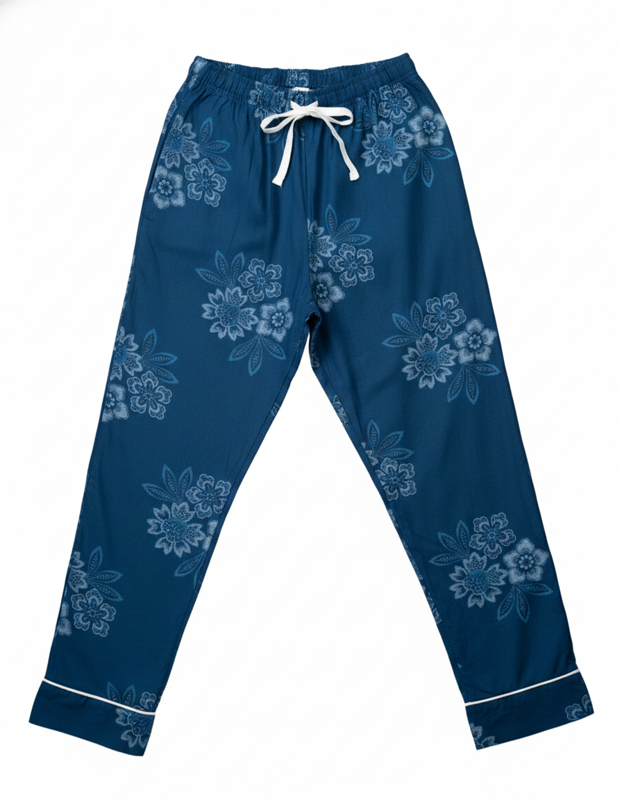 Blue floral-patterned pajama pants on a white background