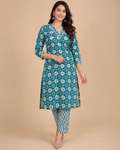 Woman wearing a 
teal floral dress on a beige background Buy Stylish Kurtis & Kurtas for Women at Best Price Online
