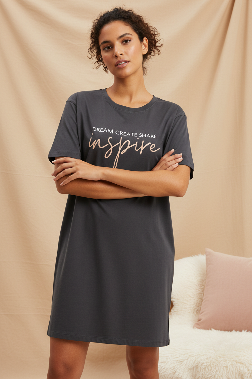 Professional model wearing dark grey inspire long t-shirt