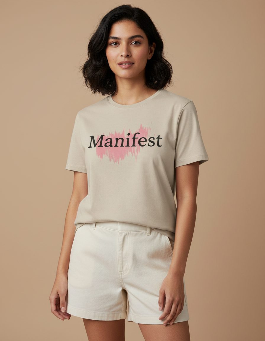 Woman wearing a beige t-shirt with 'Manifest' printed on it against a beige background