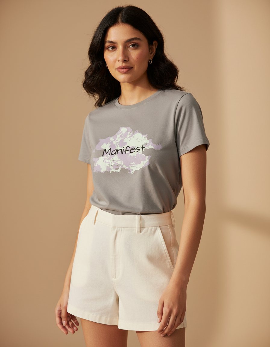 Woman wearing a gray t-shirt with 'Manifest' design on a beige background