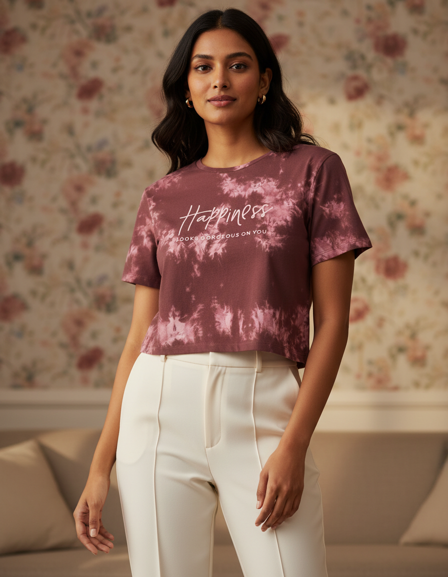 Woman wearing a tie-dye t-shirt with 'Happiness' text in a room with floral wallpaper.
