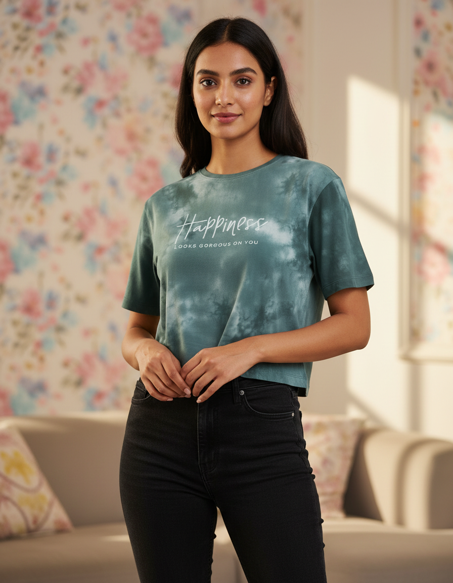 Woman wearing a tie-dye t-shirt with text in a room with floral wallpaper.
