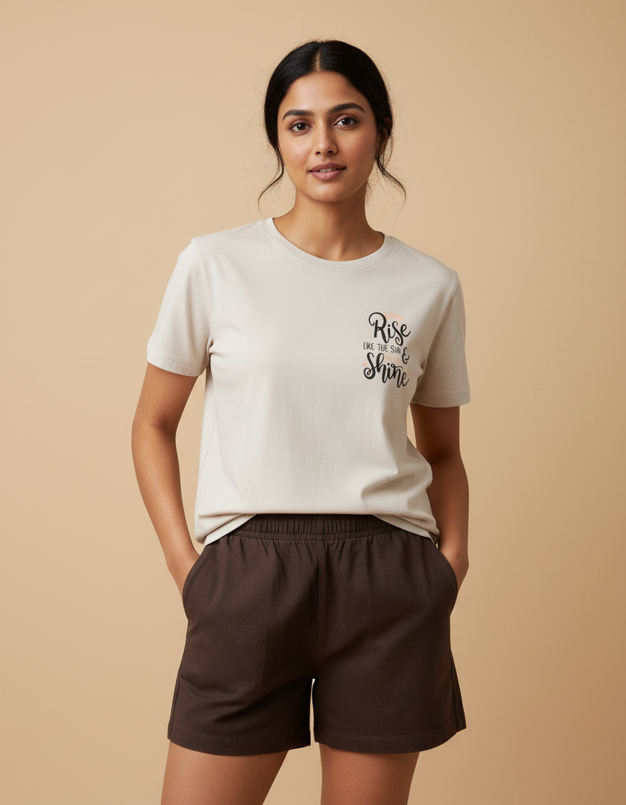Women’s beige graphic print cotton t-shirt with dark brown lounge shorts, casual comfy sleepwear co-ord set for daily wear and home wear.