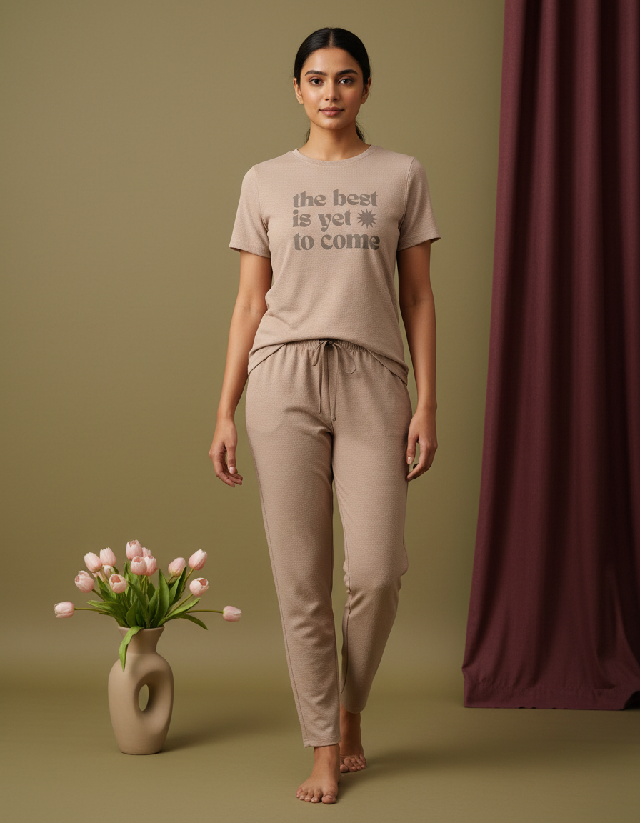 Woman wearing a beige t-shirt and pants with text, standing next to a vase of tulips on a green background.