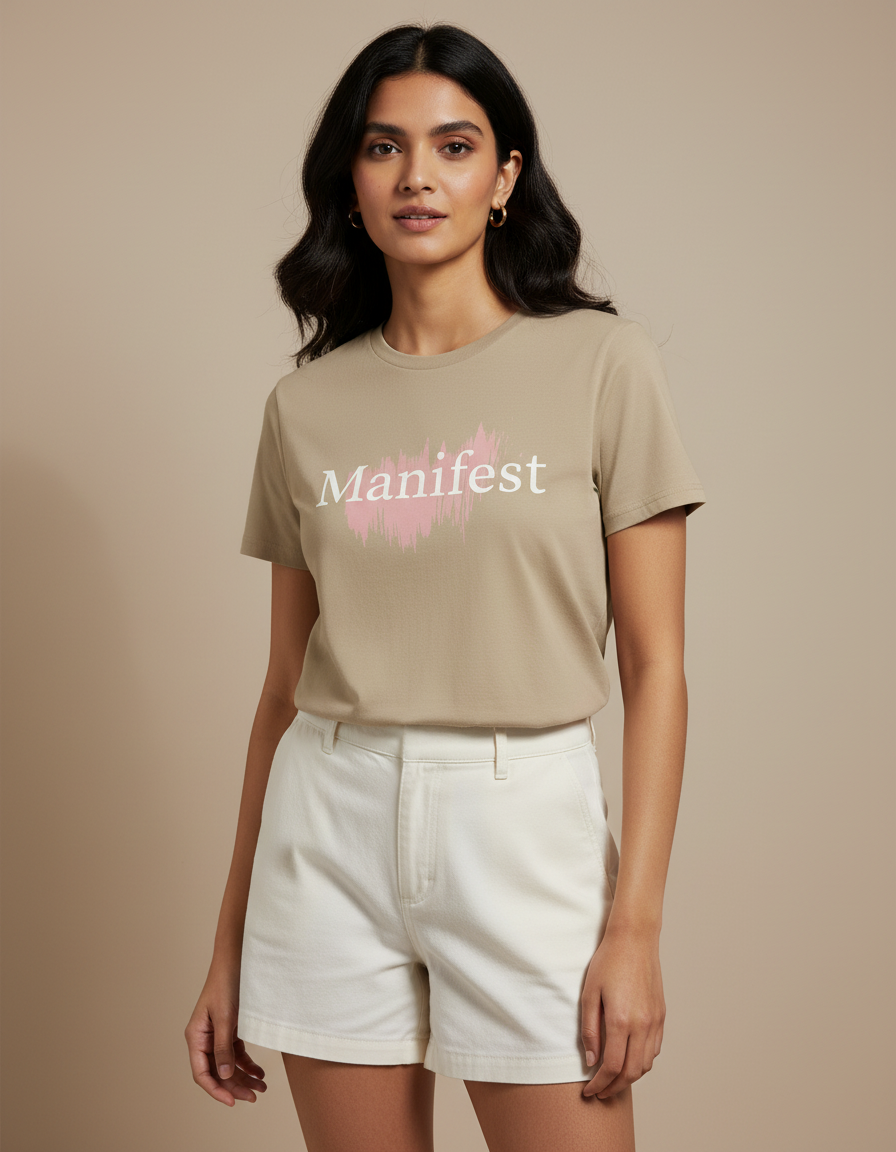 Woman wearing a beige t-shirt with 'Manifest' printed on it against a beige background