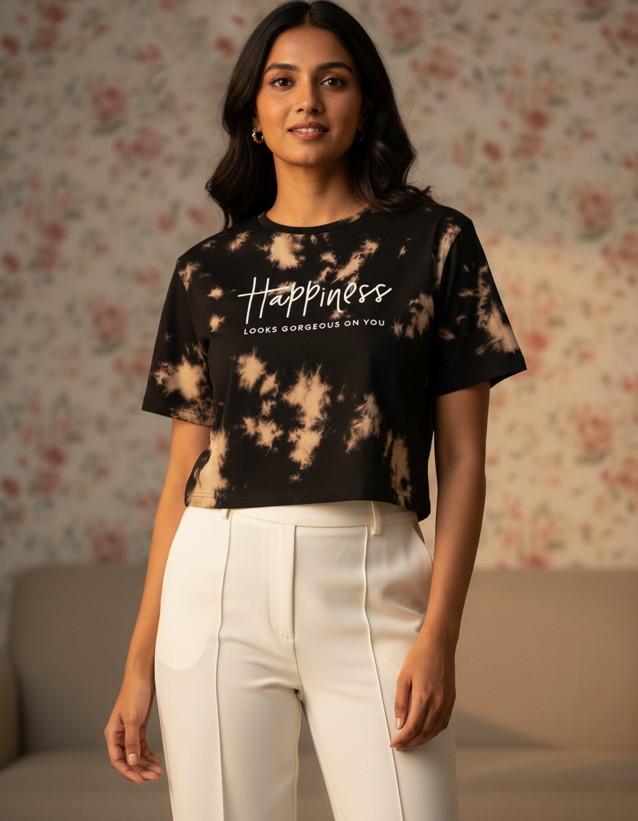 Woman wearing a tie-dye t-shirt with 'Happiness looks gorgeous on you' text against a floral-patterned wall.