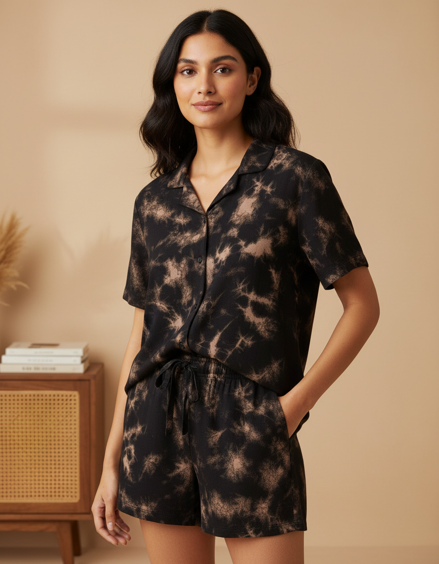 Woman wearing a black and brown tie-dye romper against a beige background