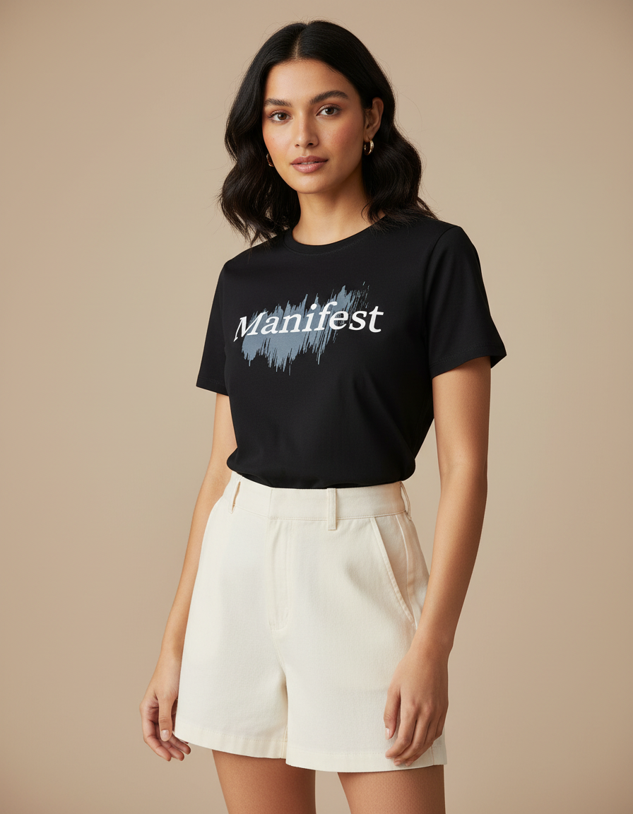 A woman's black t-shirt with 'Manifest' printed on it against a beige background