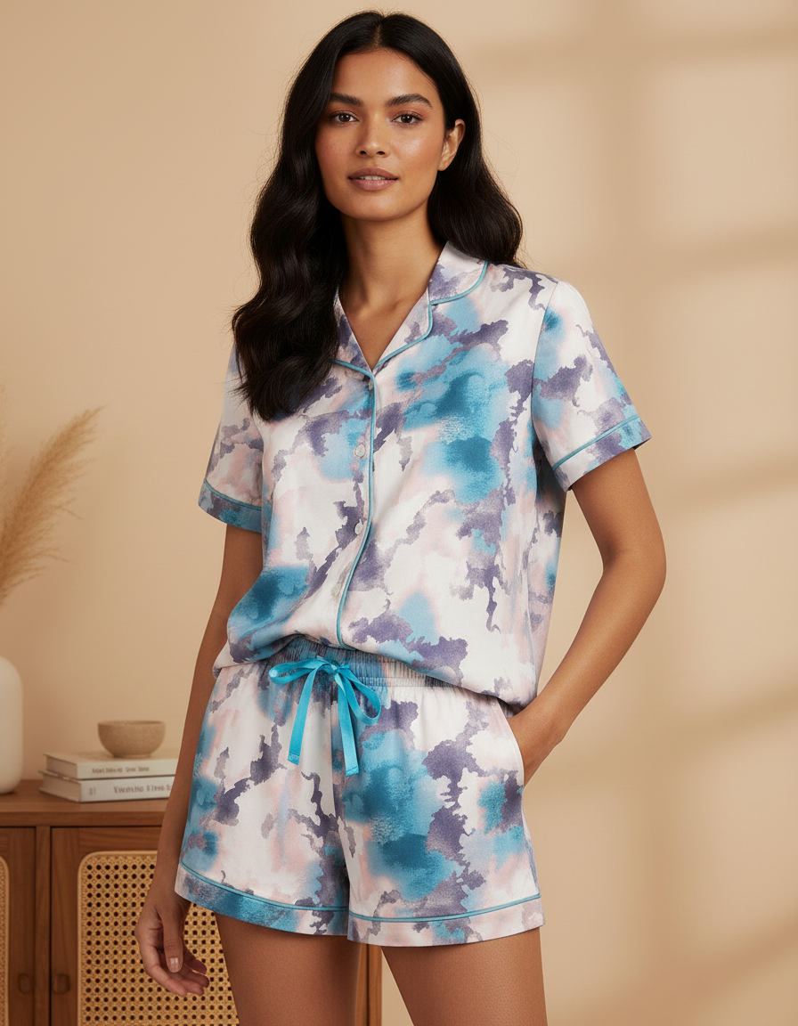 Woman wearing a blue and white patterned pajama set against a beige background