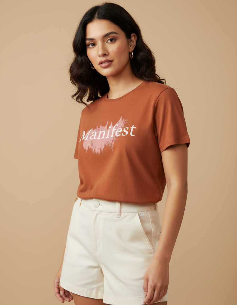 Woman wearing a brown t-shirt with 'Manifest' printed on it against a beige background