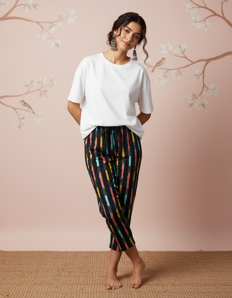 Woman wearing a white top and colorful pants against a pink background with floral branches.
