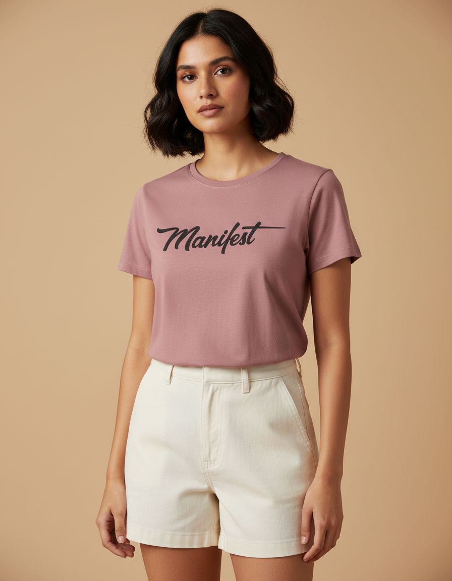 Woman wearing a dusty rose t-shirt with 'Manifest' text on a beige background