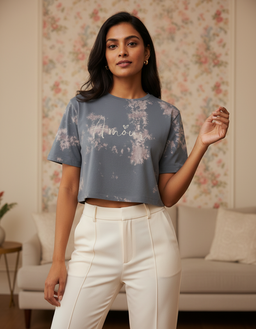 Woman wearing a blue floral top and white pants in a living room setting