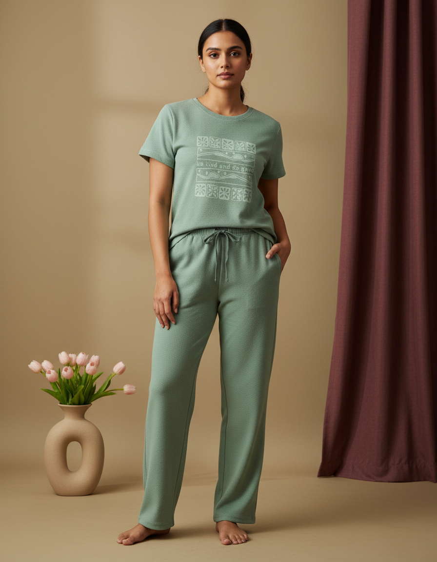 Woman wearing a green pajama set standing against a beige background with a vase of tulips.