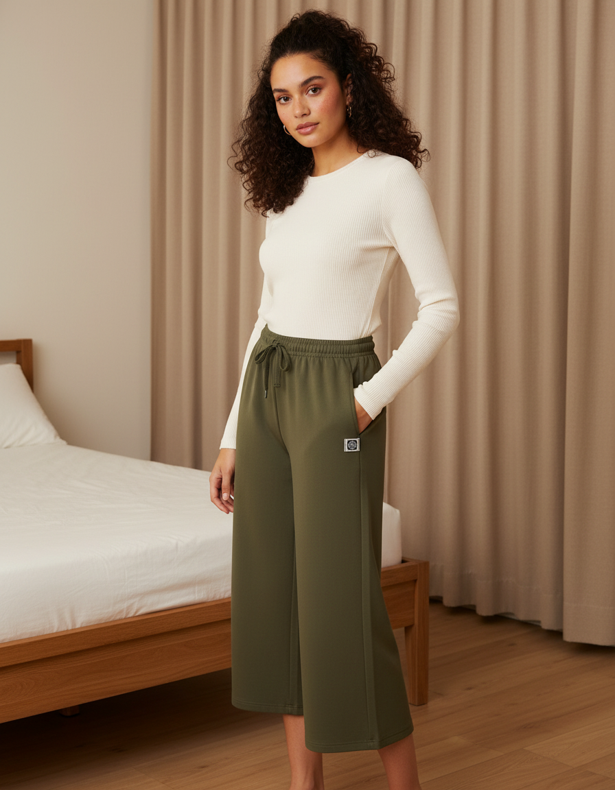Woman wearing a white top and green pant in a bedroom setting