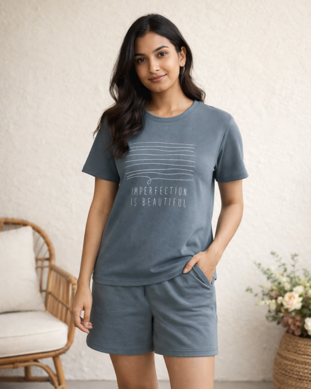 Woman wearing a blue t-shirt and shorts set with ' Imperfection is Beautiful' text, standing in a room with a chair and flowers.