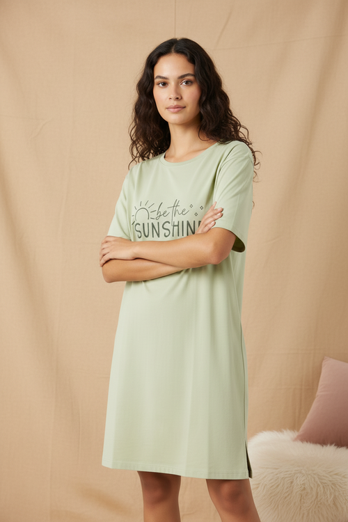 Different model wearing light green sunshine t-shirt