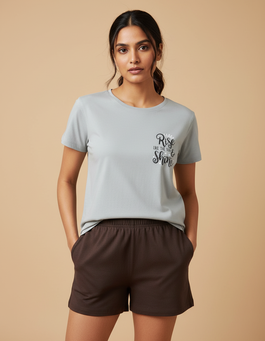 Women’s light grey graphic print cotton t-shirt paired with dark brown lounge shorts, soft and comfortable casual nightwear co-ord set for everyday home wear.