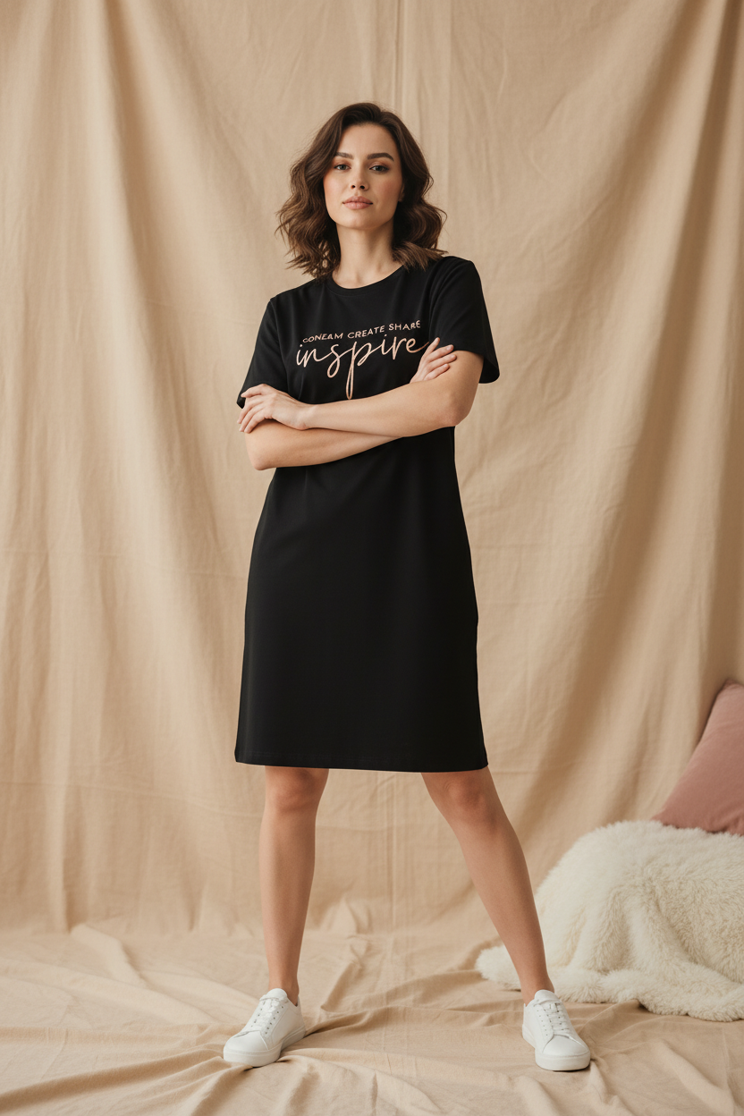 Professional model wearing long black inspire t-shirt