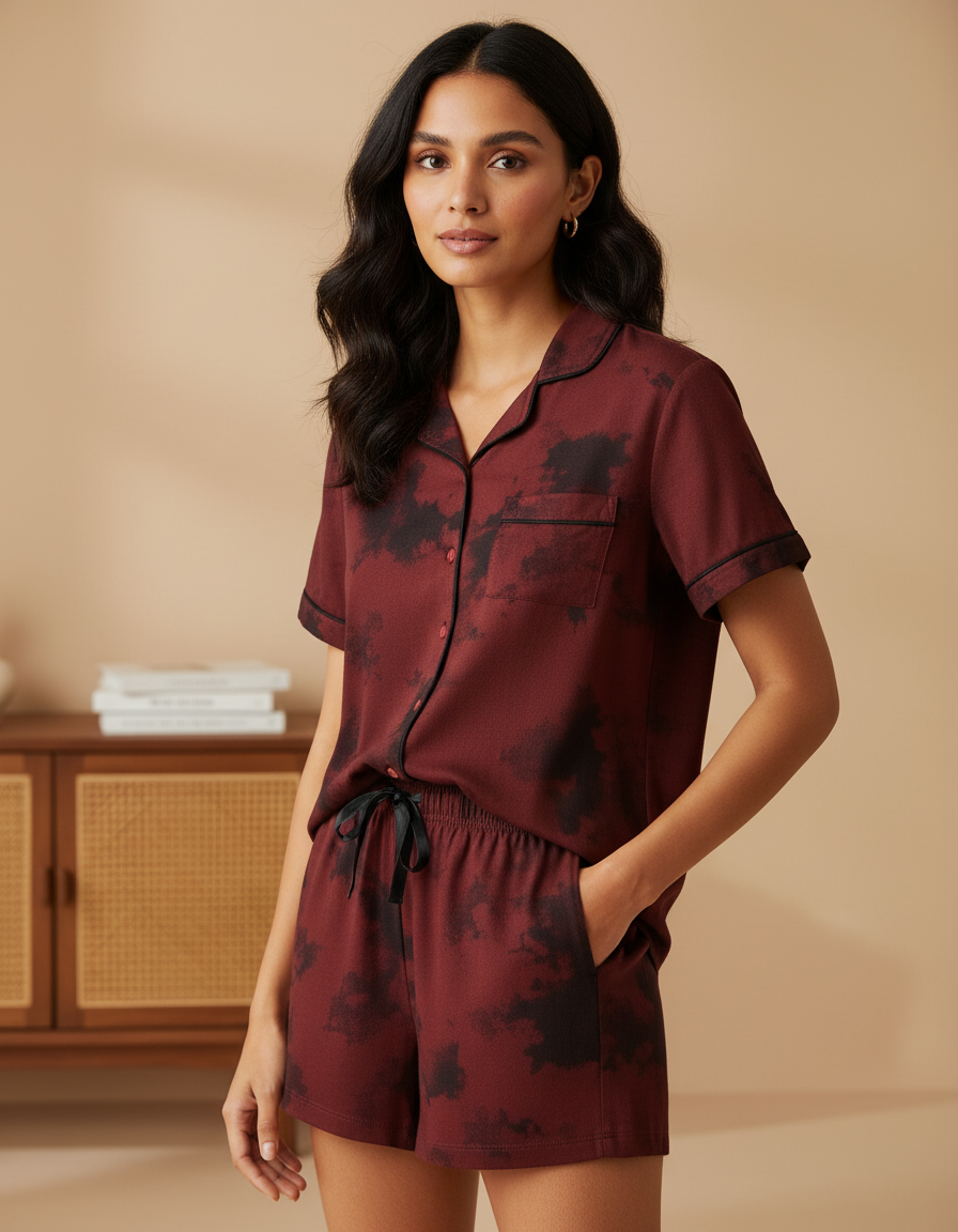 Woman wearing a maroon pajama set with black floral patterns against a beige background
