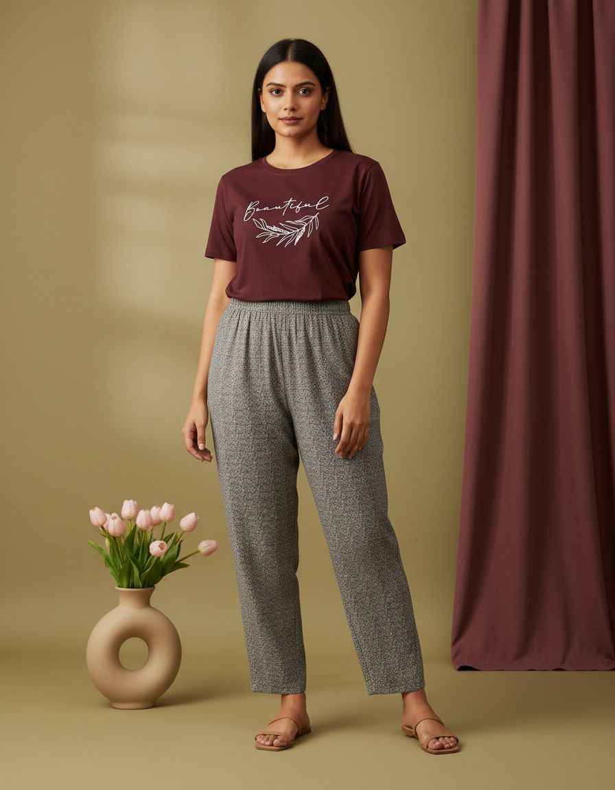 Woman wearing a maroon t-shirt with text and gray pants standing next to a vase with flowers on a beige background