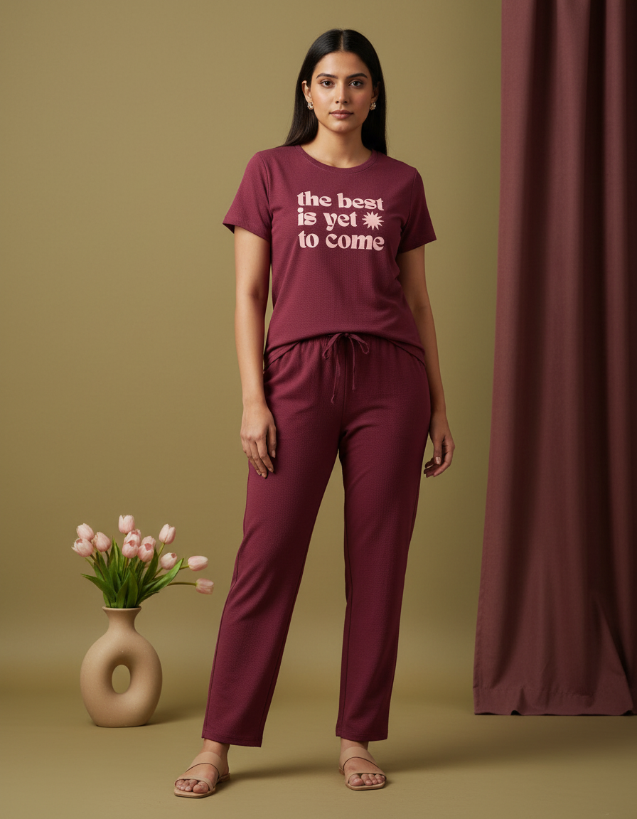 Woman wearing a maroon outfit with text on a beige background