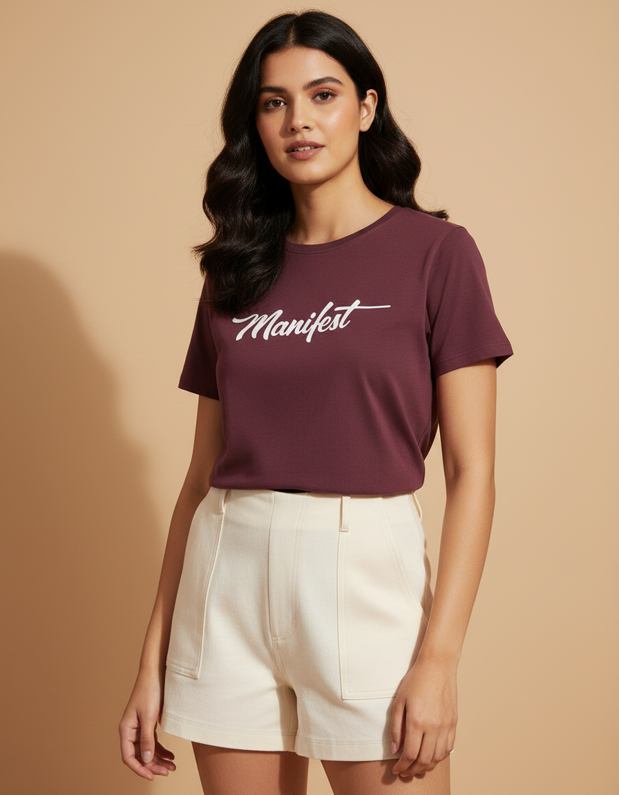 Woman wearing a maroon t-shirt with 'Manifest' text on a beige background
