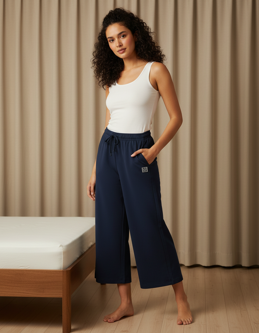 Woman wearing a white tank top and navy blue pants standing in a room with beige curtains.
