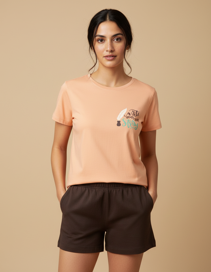 Woman wearing a peach t-shirt with a graphic and brown shorts on a beige background
