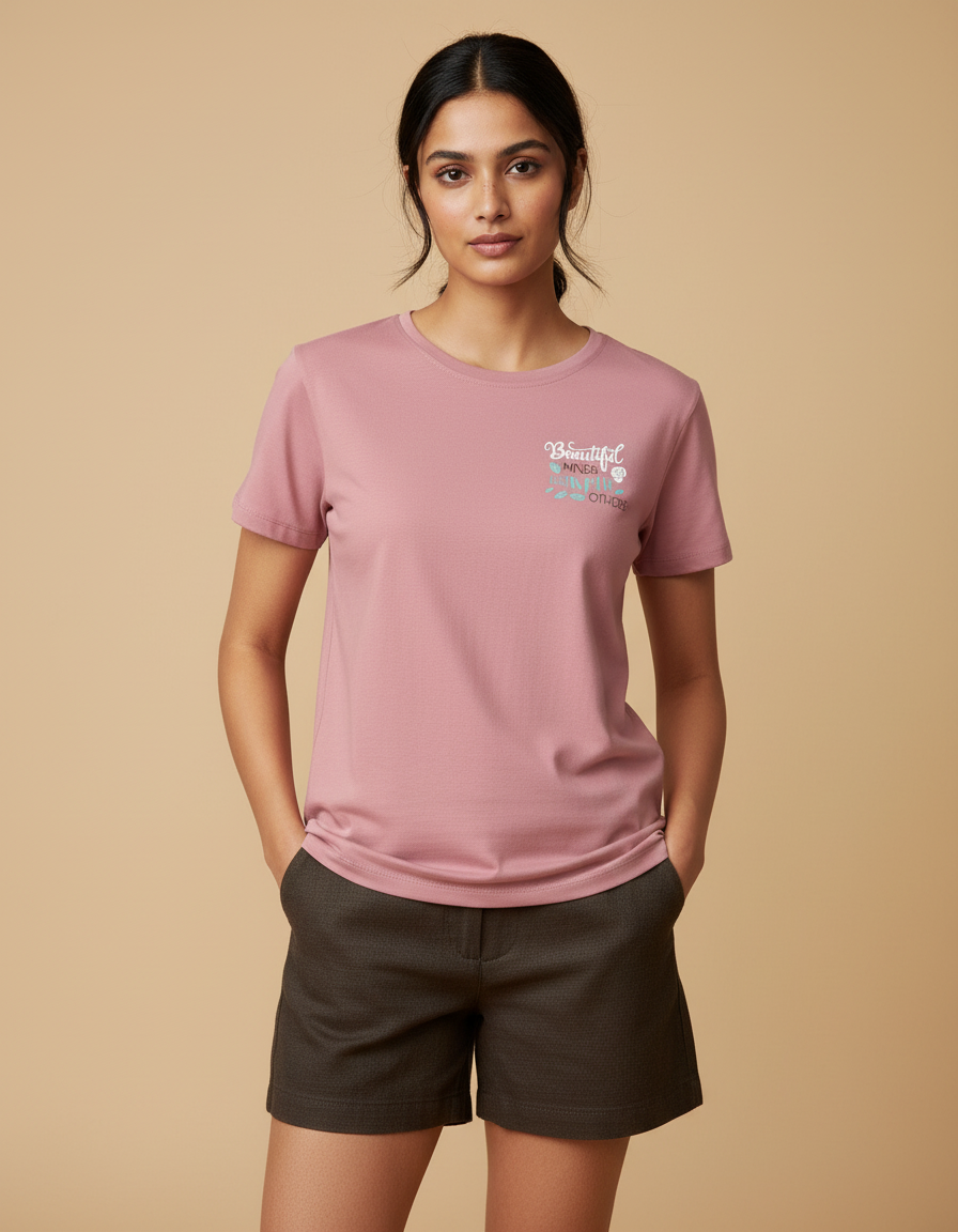 Woman wearing a pink t-shirt with a logo on a beige background