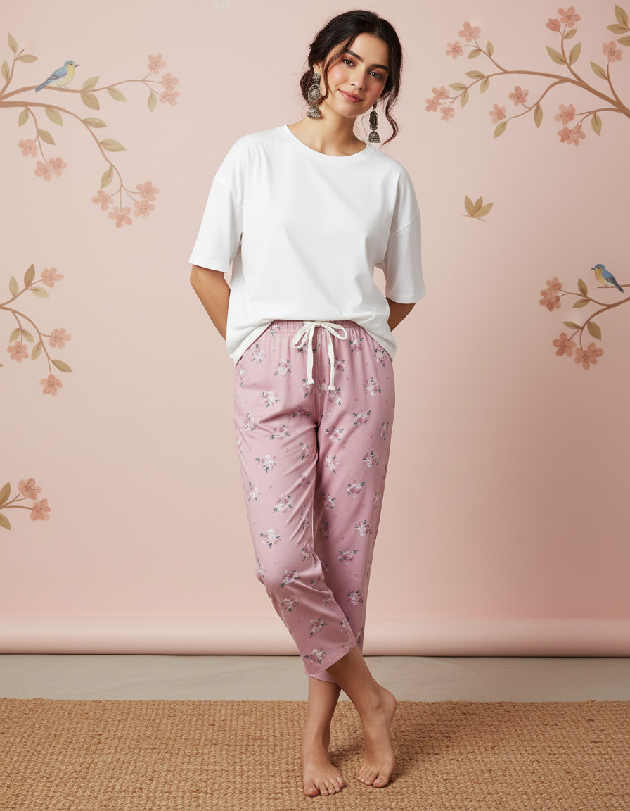 Woman wearing a white top and pink floral pants against a pink floral wall.