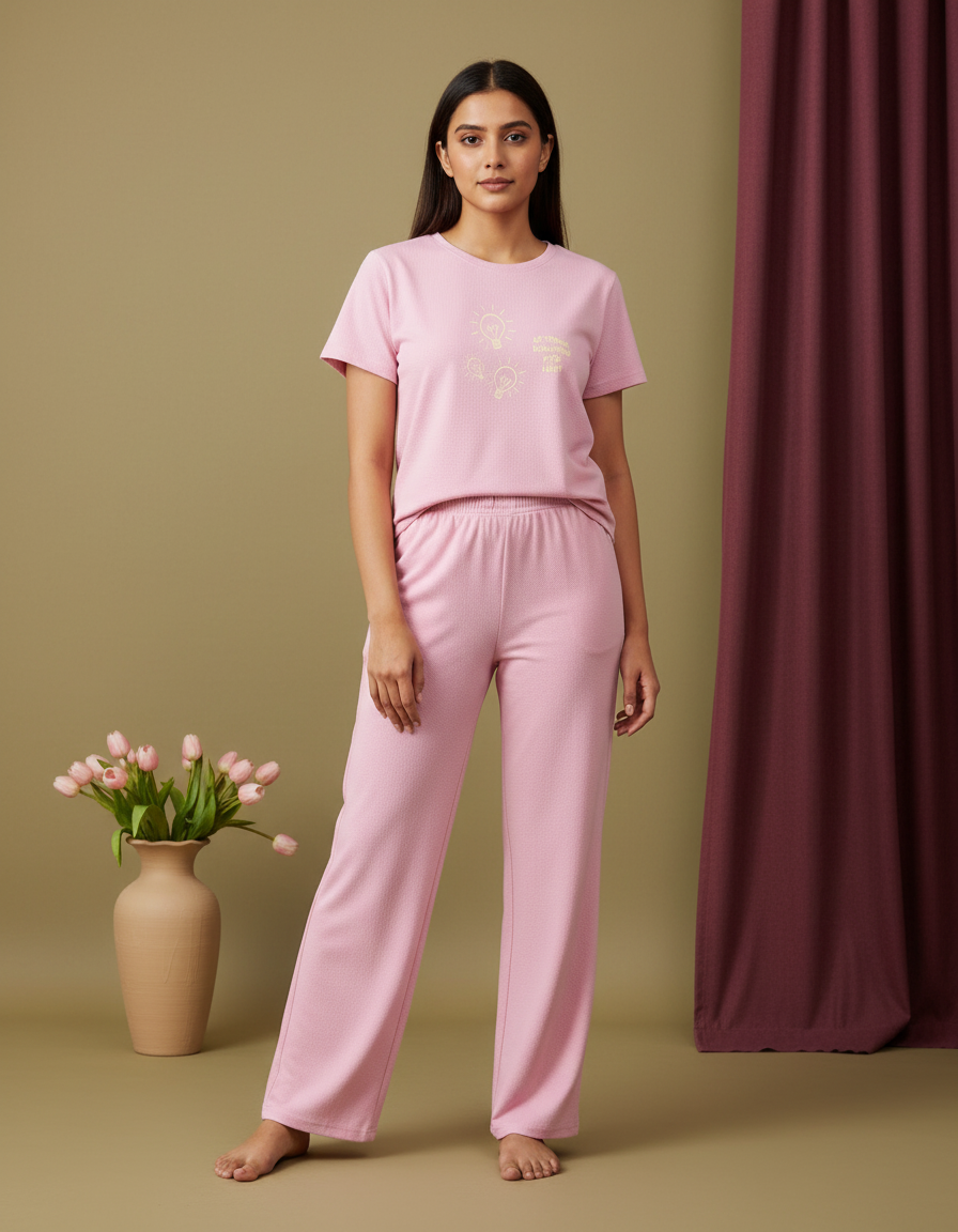 Woman wearing pink pajamas standing against a beige wall with a vase of flowers and a purple curtain.