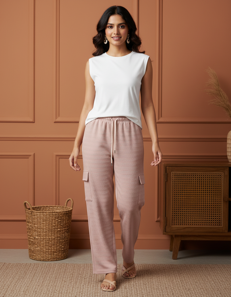 Woman wearing a white sleeveless top and pink pants standing against a brown paneled wall.