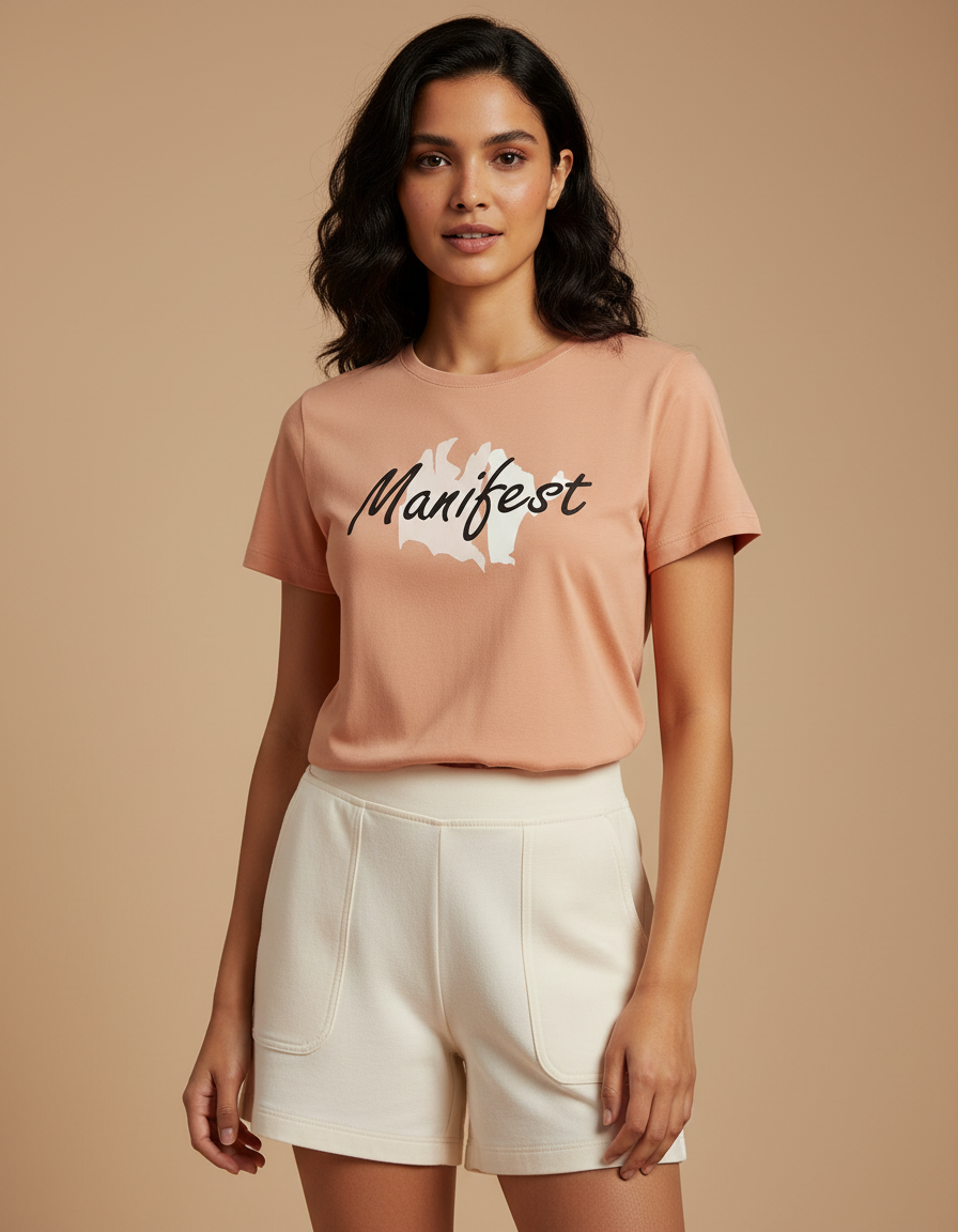 Woman wearing a pink t-shirt with 'Manifest' printed on it against a beige background