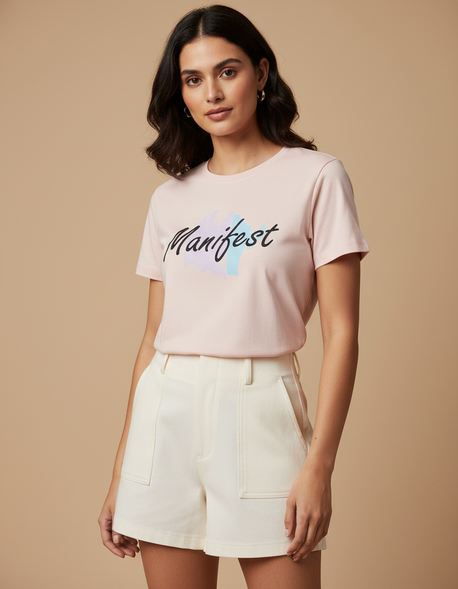 Woman wearing a pink t-shirt with 'Manifest' printed on it against a beige background