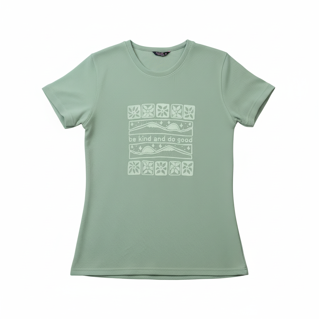 Professional mint green t-shirt with "be kind and do good" print