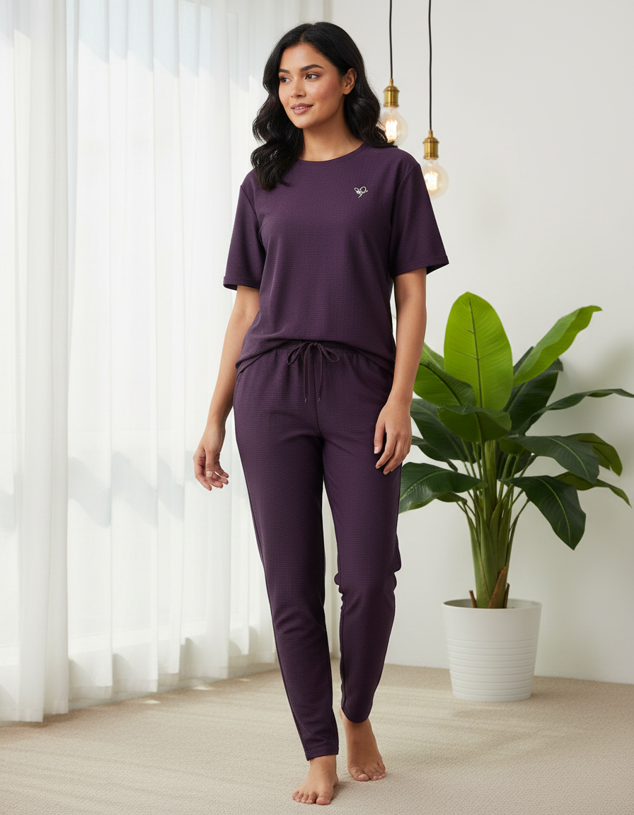 Woman wearing a purple pajama set standing in a room with a plant and light curtains.
