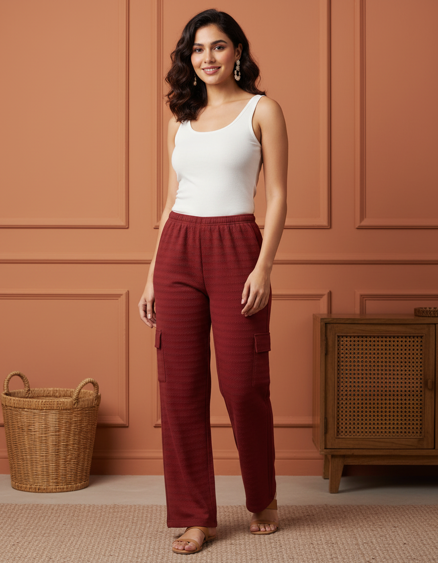 Woman wearing a white top and red pants standing against a peach-colored paneled wall.