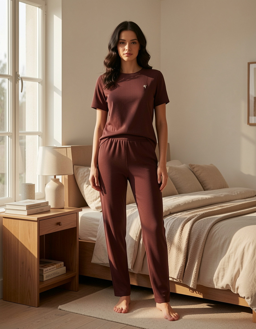 Woman in brown pajama set standing in a bedroom