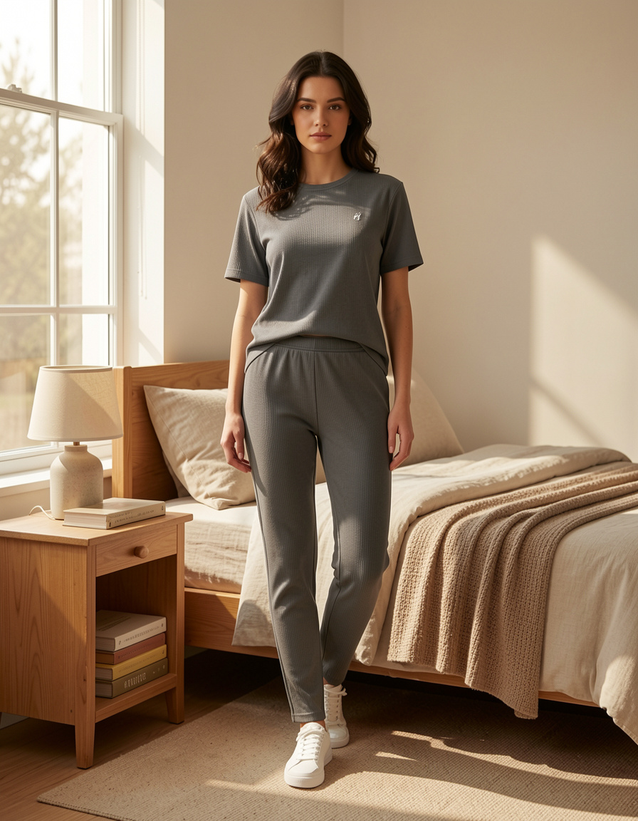 Woman in gray outfit standing in a bedroom with wooden furniture and a bed.