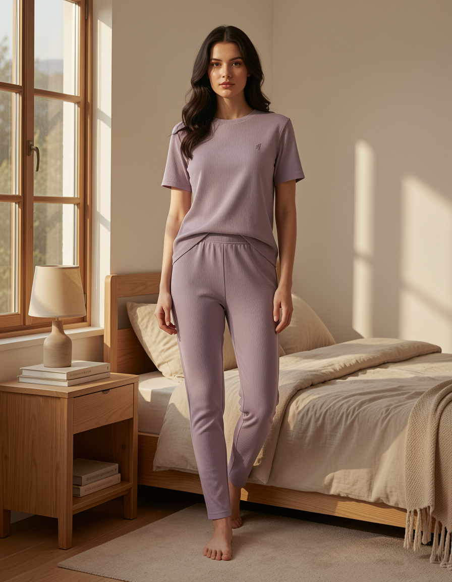 Woman in a lavender pajama set standing in a bedroom with natural light.