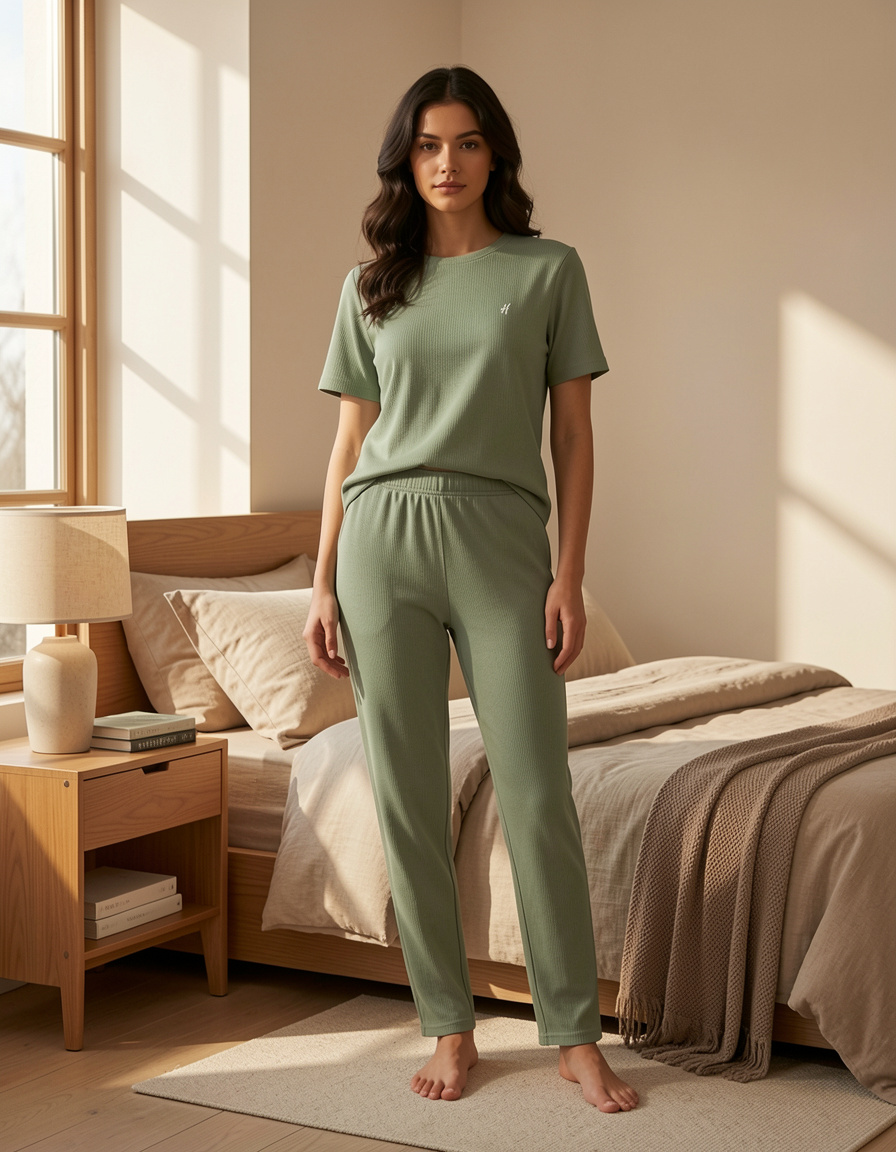 Woman wearing a green pajama set in a cozy bedroom.