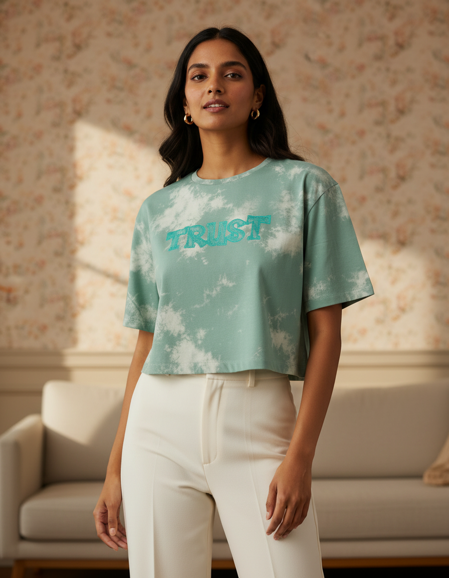 Woman wearing a tie-dye t-shirt with 'TRUST' printed on it in a room with floral wallpaper.