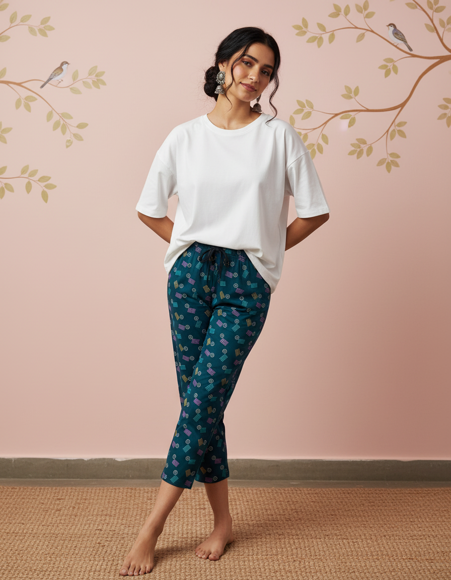 Woman wearing a white top and teal patterned pants against a pink wall with tree decorations.