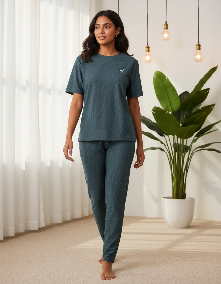 Woman wearing a teal pajama set standing in a bright room with a plant.