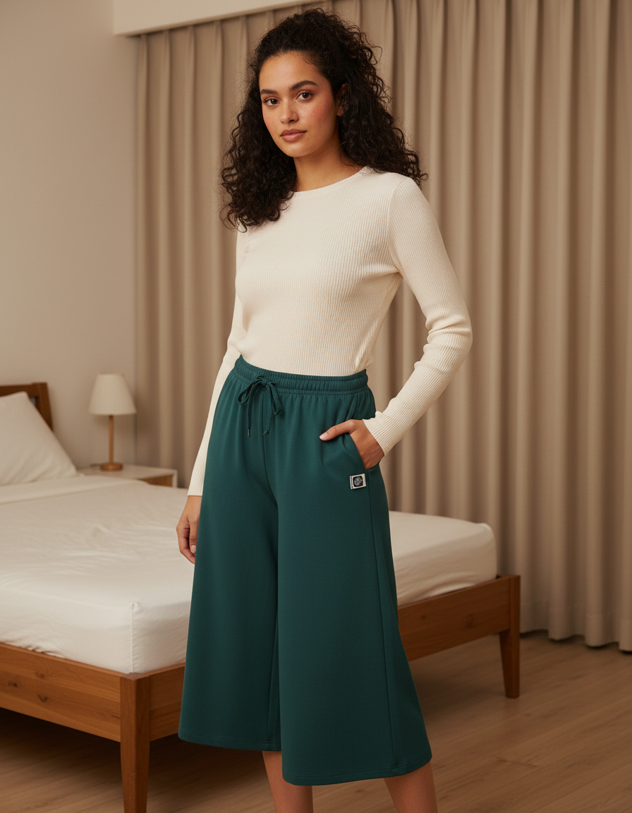 Woman wearing a white top and teal pants in a bedroom setting