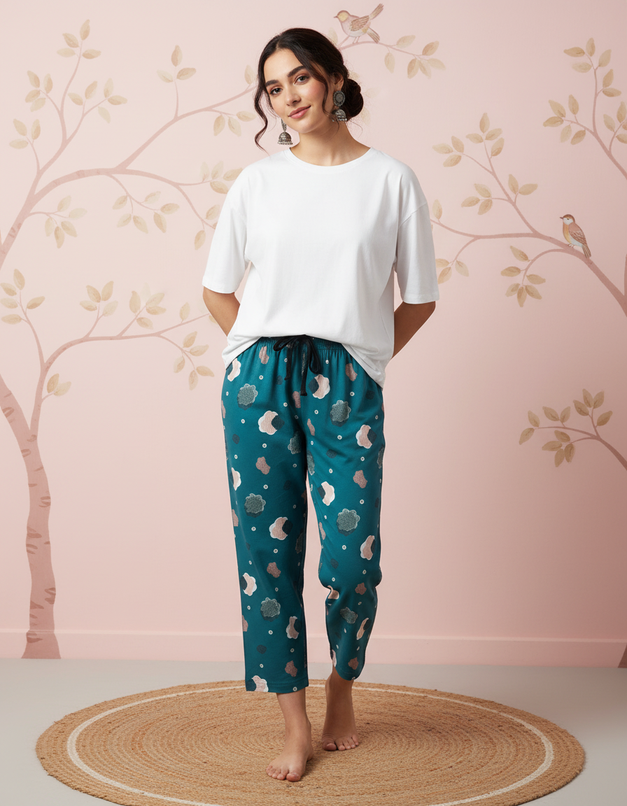 Woman wearing a white top and teal patterned pants standing against a pink wall with tree designs.