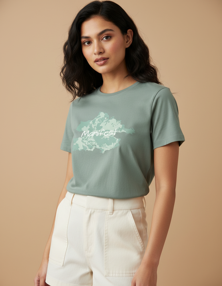 Woman wearing a green t-shirt with a logo on a beige background